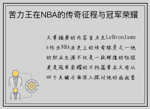 苦力王在NBA的传奇征程与冠军荣耀