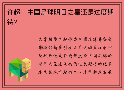 许超：中国足球明日之星还是过度期待？